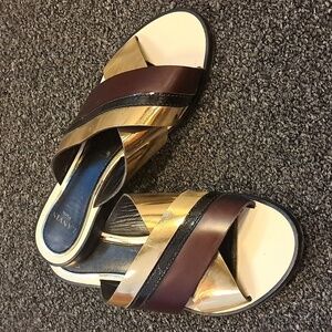 Lanvin Criss Cross Gold Mirrored Slip On Flat Slide Sandals Size 36